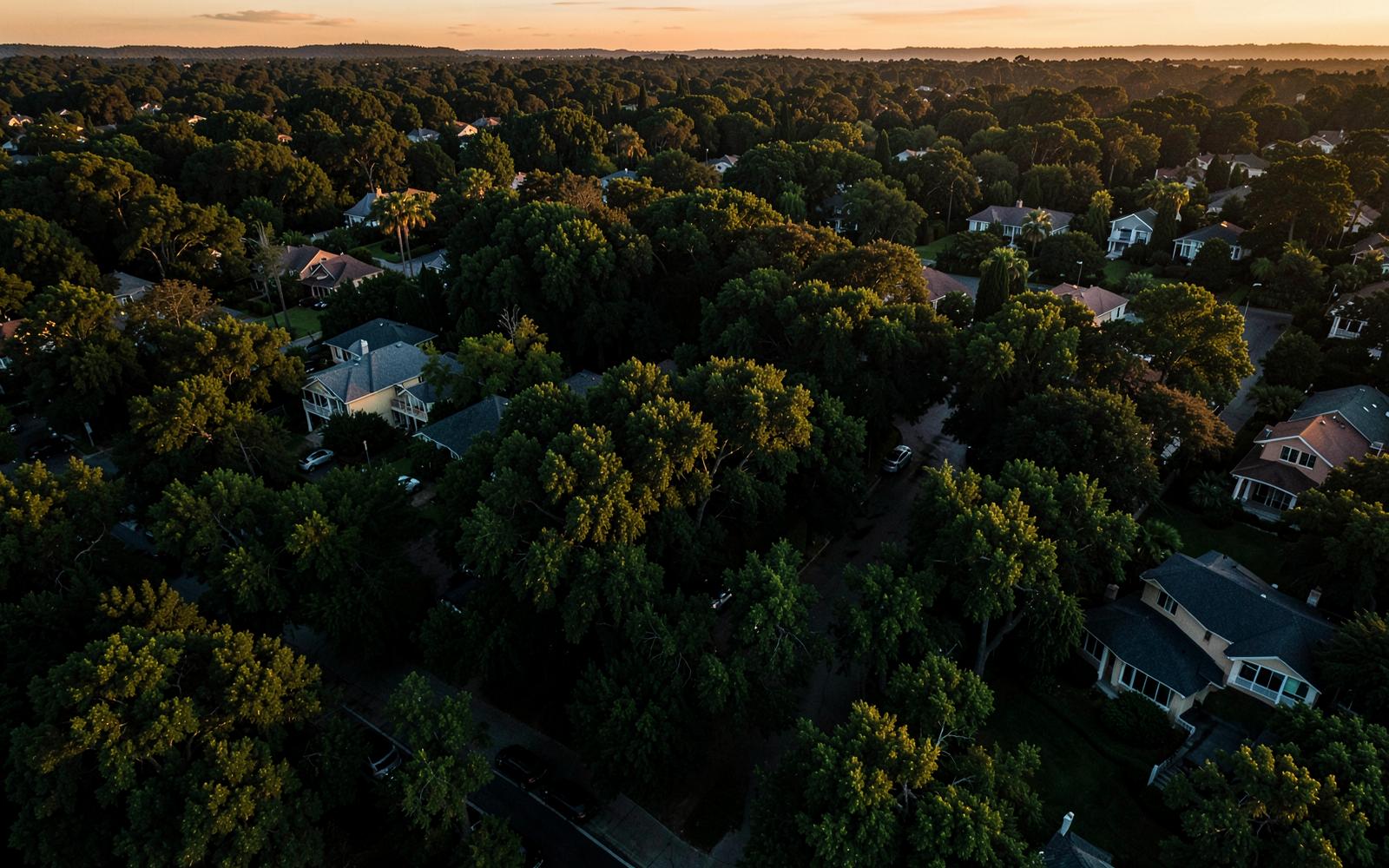 Aerial view of a tree lined residential neighborhood at sunset